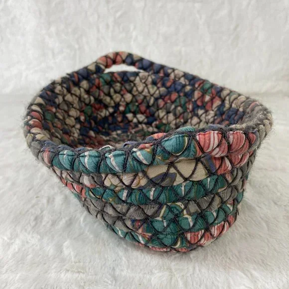 Vintage Handwoven fabric Basket Polyester 2 handle oblong 90's Attic Find - Picture 5 of 9